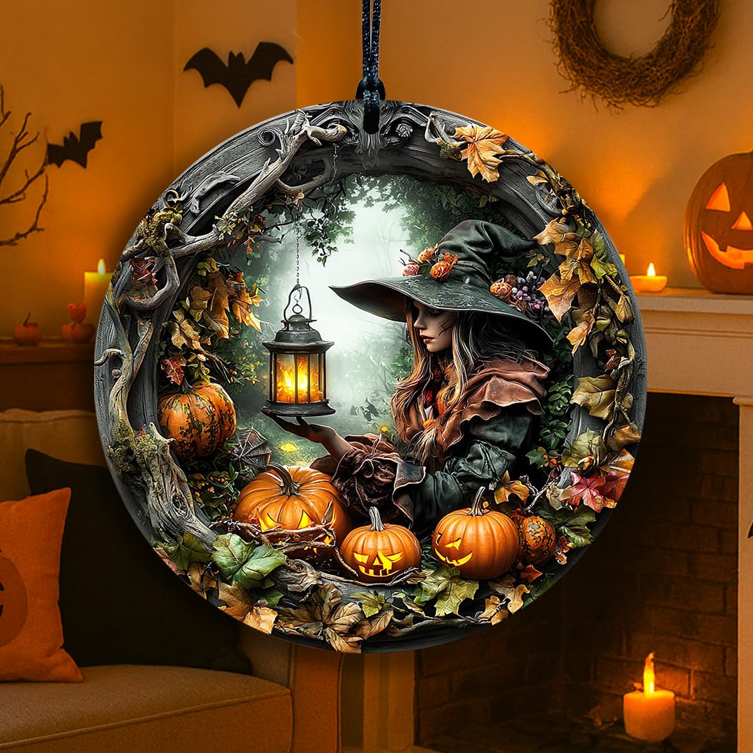 Halloween Stained Glass Window Ornament, Witch Scene with Pumpkins, Acrylic Hanging Suncatcher, Round Wall Art Decor, Witchy Ornament for Home Friends and Family (Two Girls)